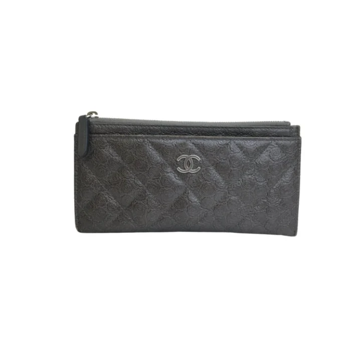 Chanel Grey Camellia Quilted Lambskin Zip Pouch